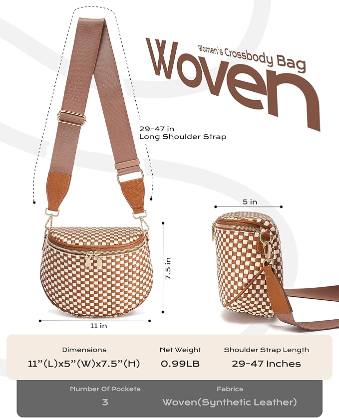 Trendy Woven Checkered Crossbody Bum Bag for Women，PU Leather Checkered Purse Fanny Packs Belt Bag (Woven Bum Bag - Brown White)