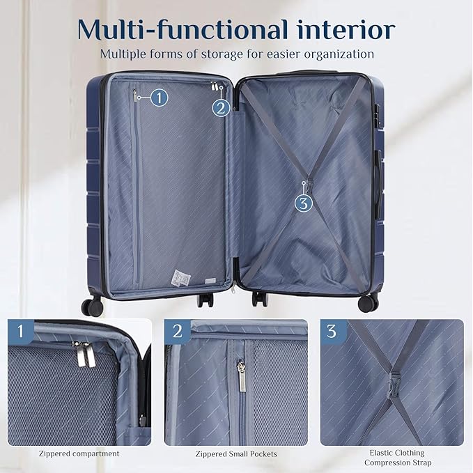 OLIXIS 3-Piece Luggage Set, Carry On Suitcases with Spinner Wheels, Expandable Travel Luggage with TSA Approved Lock & ABS Hard Shell, Blue, 20/24/28 Inch