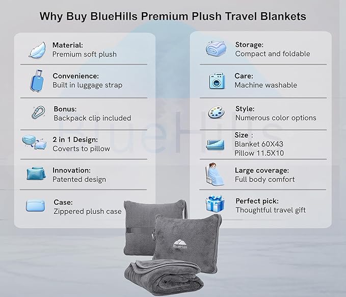BlueHills Premium Soft Travel Blanket Pillow Airplane Flight Blanket Throw Bag Pillowcase Compact Large 2 in 1 Combo Warm Traveling Plane Essentials Portable Gifts Lightweight Grey Gray T007