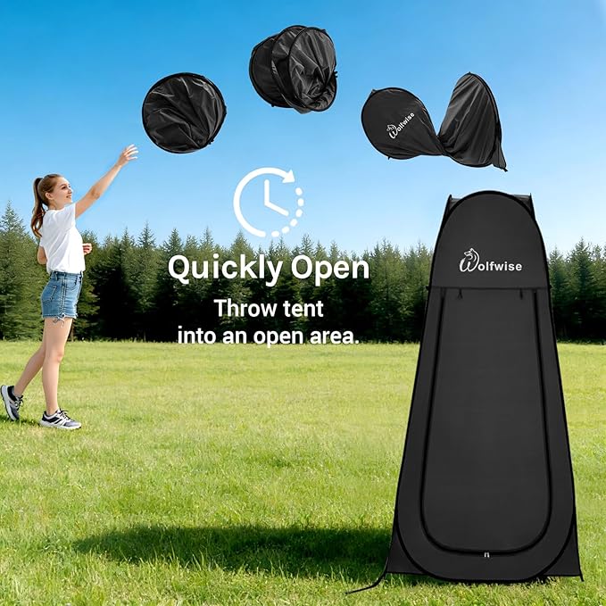 Wolfwise Pop Up Shower Tent for Camping, Portable Instant Changing Tent with Ventilation Window & Carry Bag, Privacy Bathroom Toilet for Beach & Outdoor, Standard, Dark Black