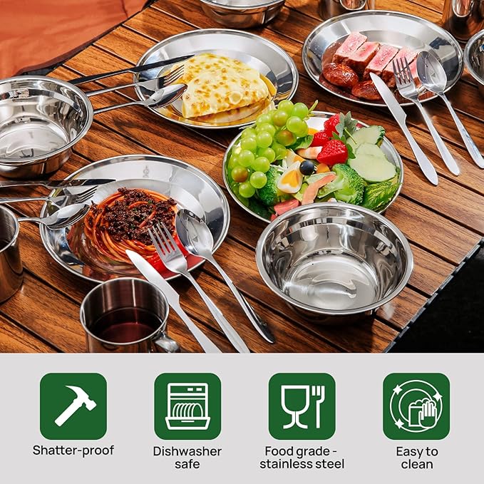 Odoland 29pcs Stainless Steel Utensils Camping Mess Kits with Bowls Plates Cups Forks Spoons and Knives for 4, Camping Cutlery Set for Backpacking, Outdoor Hiking and Picnic