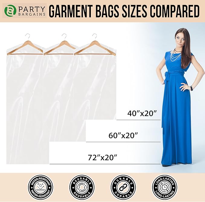 PARTY BARGAINS 60 x 20 Inch Disposable Clear Garment Bags, 50 Pack – Heavy-Duty Plastic Clothes Covers for Suits Dresses Coats, Closet & Travel