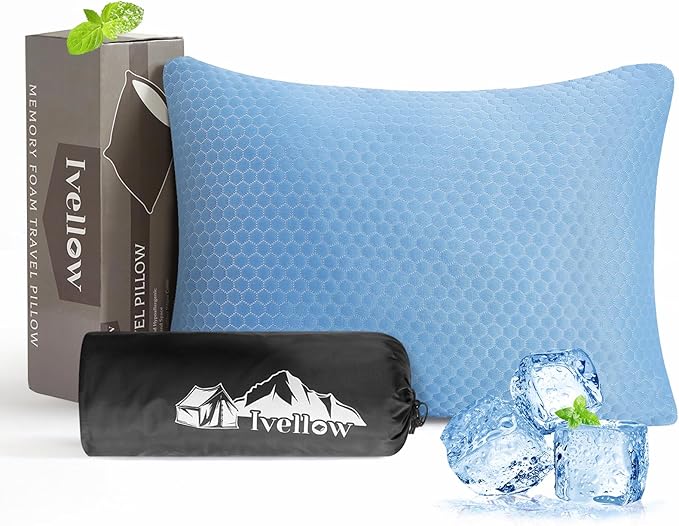 Ivellow Travel Pillow Camping Pillow for Sleeping Cooling Shredded Memory Foam Pillow Compressible Compact Medium Firm,Breathable,Ideal for Adults Kids Outdoor Backpacking Hiking Essential Gear Blue M
