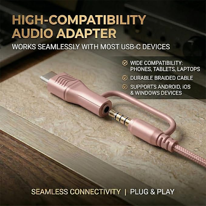 Wired Headphones, Premium Over-Ear Headset with Hi-Fi Stereo Sound, Noise-Isolating Ear Cushions, Lightweight Comfortable Design, Tangle-Free Cable, Ideal for Work, Travel, Daily(Rose Gold)