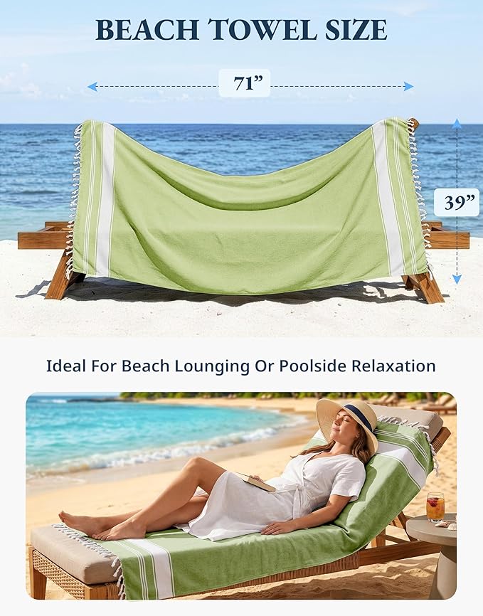 LANE LINEN Turkish Beach Towel 2 Pack, Oversized Beach Towel 39"x71", Lightweight Beach Essentials for Women, Large Pool Towel, Absorbent & Quick Dry, Sand Free Beach Towel - Jade Lime