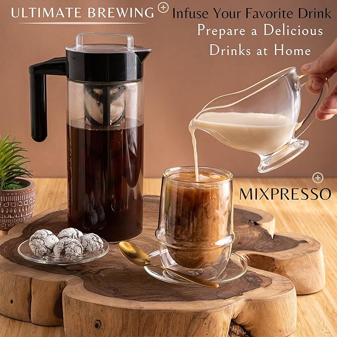 Mixpresso Cold Brew Maker For Iced Coffee and Iced Tea, Cold Coffee Maker Glass Pitcher, Tea Infuser For Loose Leaf Tea, 44oz Large Ice Tea Brewer with Easy to Clean Reusable Mesh Filter.