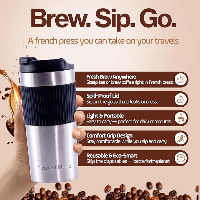15oz Double Wall Stainless Steel Insulated French Press Coffee and Tea Maker - Portable Camping Mug and Tumbler - Heat Retaining, Leak-Proof, Travel-Friendly for Office and Outdoor Adventures (Black)