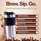 15oz Double Wall Stainless Steel Insulated French Press Coffee and Tea Maker - Portable Camping Mug and Tumbler - Heat Retaining, Leak-Proof, Travel-Friendly for Office and Outdoor Adventures (Black)