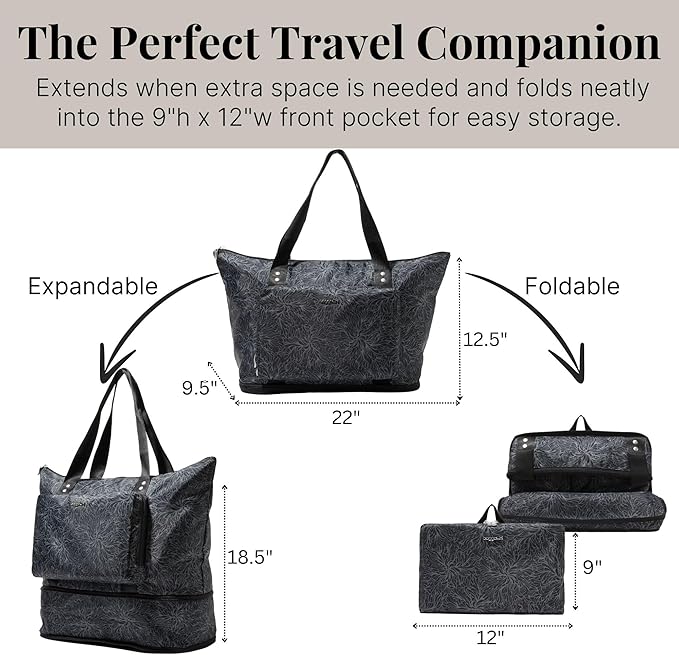 Baggallini Carryall Expandable Lightweight Travel Tote 22" Packable Folding Compact Nylon Washable Weekender w/Luggage Sleeve