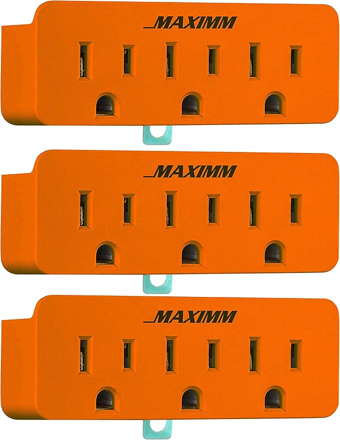 Maximm (3-Pack) 3 Outlet Grounding Adapter with Grounding Plug Orange, Turn 2-Prong Outlet to 3-Wire Grounding Outlets, ETL Listed