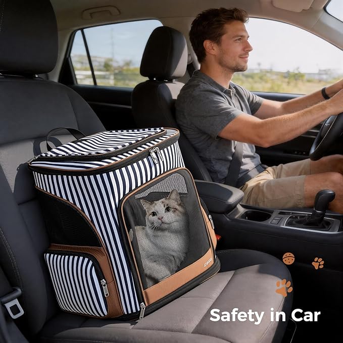 Lekereise Large Cat Backpack Expandable Pet Backpack Carrier for Small Medium Dogs Cats, Dog Carrier Backpack with Breathable Mesh and Inner Safety Leash, Striped