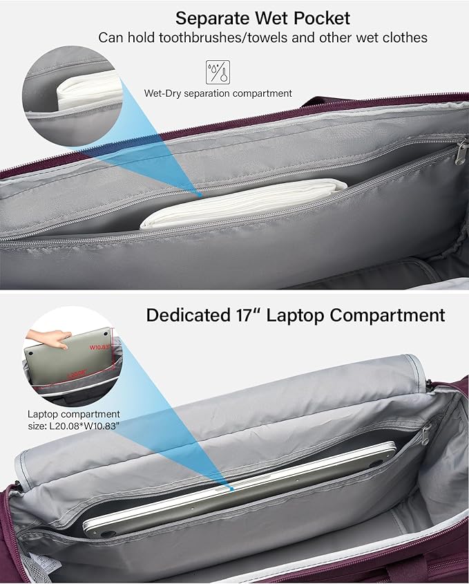 Hanke Large Capacity Travel Duffel Bag, Carry On Luggage with 12 Pockets, 17 Inch Laptop Compartment, Wet Dry Separation & Independent Shoe Bag, Lightweight Foldable Duffel Bag for Women Men（Purple）