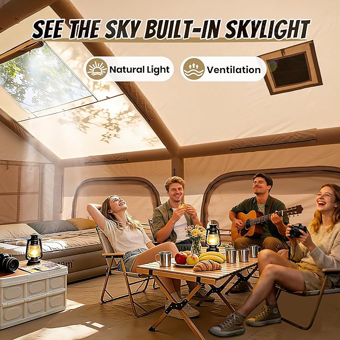 Inflatable Tent with Skylight, Quick Setup Blow Up Tents with Pump, Hot Tent with Stove Jack, Waterproof Oxford Inflatable House for Camping, Air Glamping Tents for Camping Adult 8-12 Person