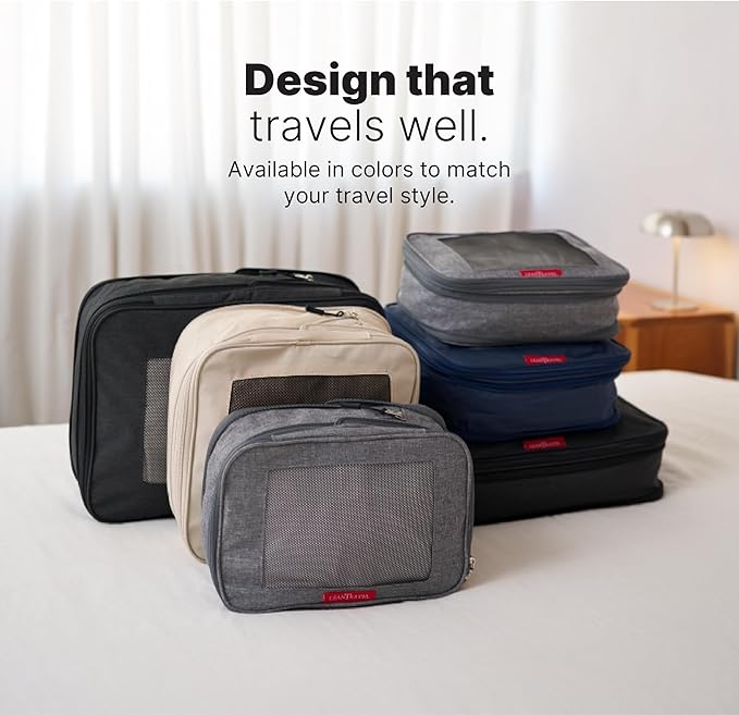LeanTravel Premium Compression Packing Cubes for Travel - Suitcase Organizer Bags with Double Zipper & Breathable Mesh Panel - Space Saving Carry On Luggage Essentials (4-Pack, Navy Blue)