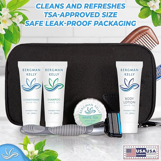 Bergman Kelly - Hotel Toiletries Bundle - White Tea, 1 oz ea, 125 Pieces - 5-Piece Set: 25 ea Rectangular Bar Soap, Shampoo, Conditioner, Body Lotion & Body Wash - Bulk Mini Guest Amenities