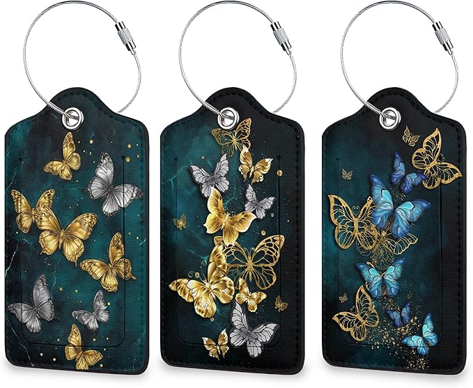 Shining Butterfly 3 Pack Luggage Tag for Suitcase, Unique Leather Travel Tags Identifiers with Privacy Name Address Labels & Durable Steel Loop for Women Men Travel