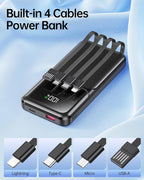 RONEGN Portable Charger with Built in Cable - Power Bank Fast Charging USB C LED Display 10000mah Battery Pack 5 Outputs & 3 Inputs for Travel Essentials iPhone Samsung Android Phones Tablets Black