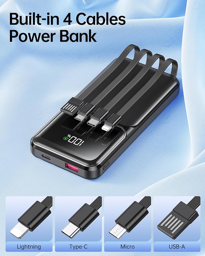 RONEGN Portable Charger with Built in Cable - Power Bank Fast Charging USB C LED Display 10000mah Battery Pack 5 Outputs & 3 Inputs for Travel Essentials iPhone Samsung Android Phones Tablets Black