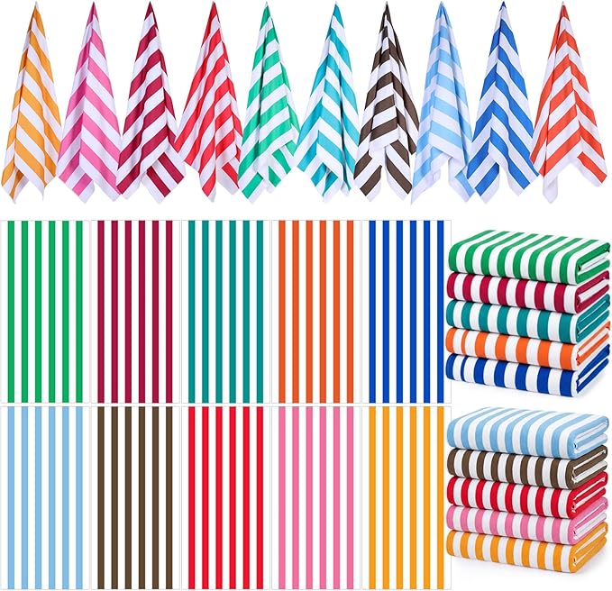 EBOOT 10 Pack Oversized Beach Towel Set Extra Large Pool Towels Microfiber Quick Dry Swim Blanket for Adult Women Men Face Hand Body Bath Travel Pool(Bright Color,31 x 63 Inch,Cabana Stripe)