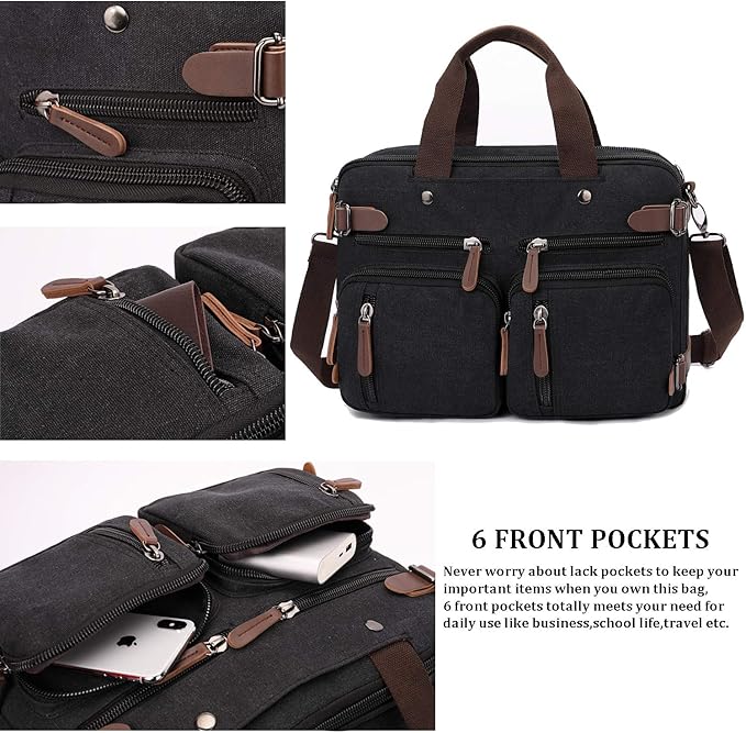 CROCOD 3 In 1 Canvas Convertible Laptop Bag for Men Women, 17.3 inch Laptop Messenger Bag Work Briefcase, Computer Shoulder Bag for Travel Business Office (17.3 Inch, Black) | 3 In 1, Multi-pocket