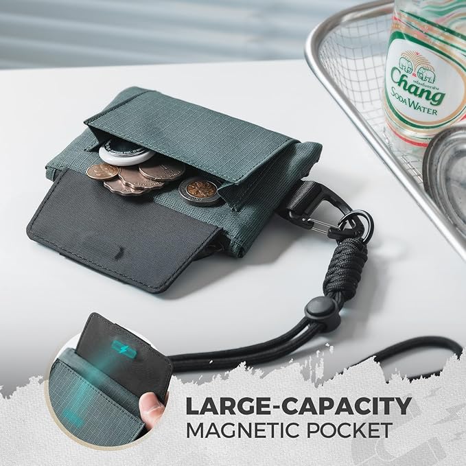 VULKIT RFID Blocking Lanyard Wallet for Men and Women, Nylon Neck Wallet with ID Window, Zipper Pouch and Keychain, Magnetic Pocket for Hiking, Fishing and Outdoor Activities, Slate Green