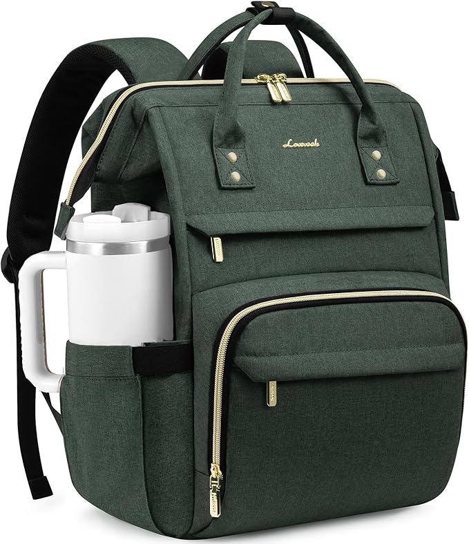 LOVEVOOK Laptop Backpack for Women with Giant Tumbler Holder Pocket,15.6 inch Waterproof Travel Backpack Purse Computer Laptop Bag,Professional Work College Nurse Teacher Backpack Daypack,Dark Green
