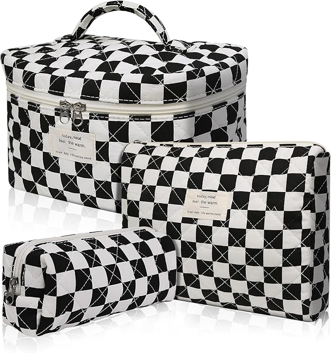 Gosect Makeup Bag Set, Quilted Makeup Bag, Large Floral Cosmetic Bag for Women, Cute Cotton Makeup Bags, Flower Travel Toiletry Organizer Bag (Black Checkered)