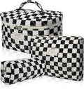 Gosect Makeup Bag Set, Quilted Makeup Bag, Large Floral Cosmetic Bag for Women, Cute Cotton Makeup Bags, Flower Travel Toiletry Organizer Bag (Black Checkered)