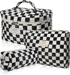 Gosect Makeup Bag Set, Quilted Makeup Bag, Large Floral Cosmetic Bag for Women, Cute Cotton Makeup Bags, Flower Travel Toiletry Organizer Bag (Black Checkered)