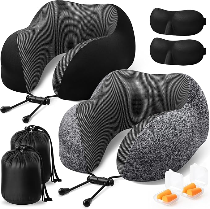 ExploreBliss Travel Pillow, 2 Pack Travel Pillows for Sleeping Airplane, Removable Cover Neck Pillow with Adjustable Clasp, Memory Foam Neck Pillow Set (Dark Grey & Black)