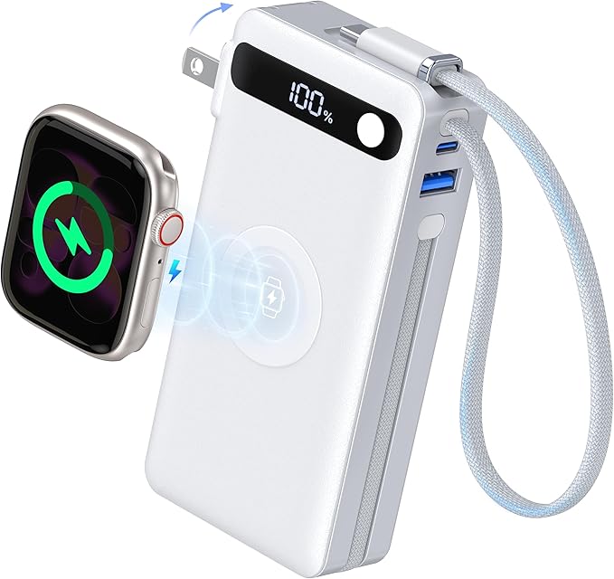 BREEKET Nano Power Bank, 10000mAh Portable Charger with Built-in Cables & Wall Plug, 5 Outputs 22.5W USB C Fast Charging Travel Battery Pack for iPhone 17/16/15/14, Apple Watch Ultra/11/10/9/8/7/6/SE