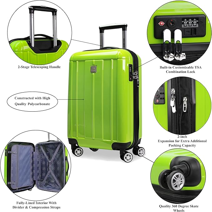 World Traveler VentureX Airline Approved 20-Inch Carry-On Luggage – Lightweight Hardside Polycarbonate Suitcase with Spinner Wheels - Contour Apple Green