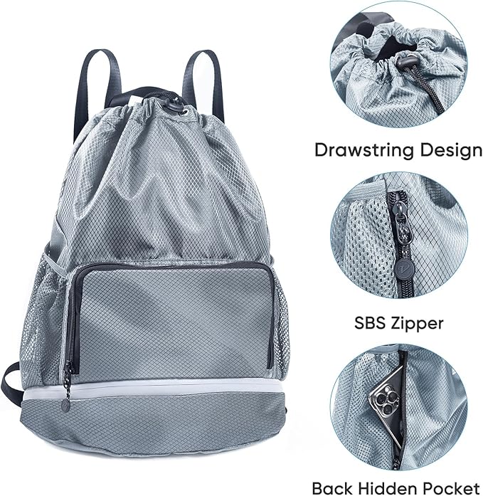 Swim Beach Sports Drawstring Backpack - Gym Bag with Shoes Compartment and Waterproof Pocket for Gym Accessories, Swim Essentials - Kids Mens Beach Workout Bag