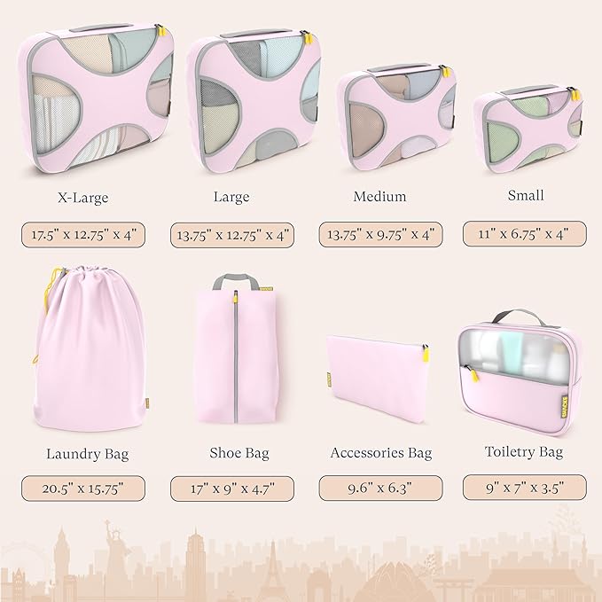 Shacke Packing Cubes for Travel 8 Set - Premium Luggage Organizer Bags - Versatile Travel Organizer for Women and Men - Optimized Packing Bags - Travel Essentials (Petal Pink)