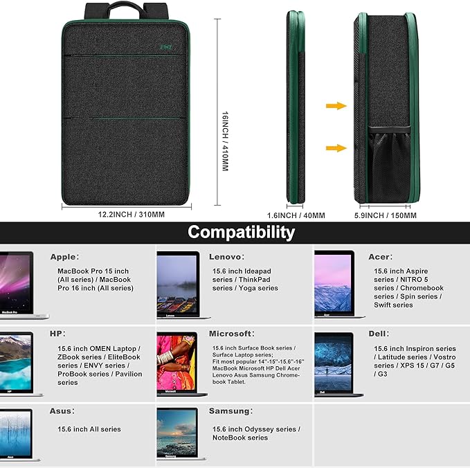 ZINZ Slim & Expandable Laptop Backpack 15 15.6 16 Inch Case, Water Resistant Travel Backpack Compatible with MacBook Pro/Neo 16" 15", Dell XPS 15 16 and Most 15" 15.6" 16" Notebooks，BK01GR01