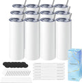 Hiipoo 12 Pack Sublimation Tumblers Blank 20 oz Straight Skinny with Sublimation Papers, Lids and Straws, Shrink Wrap Films, Stainless Steel Double Wall Insulated Tumbler for Mug Press Machine