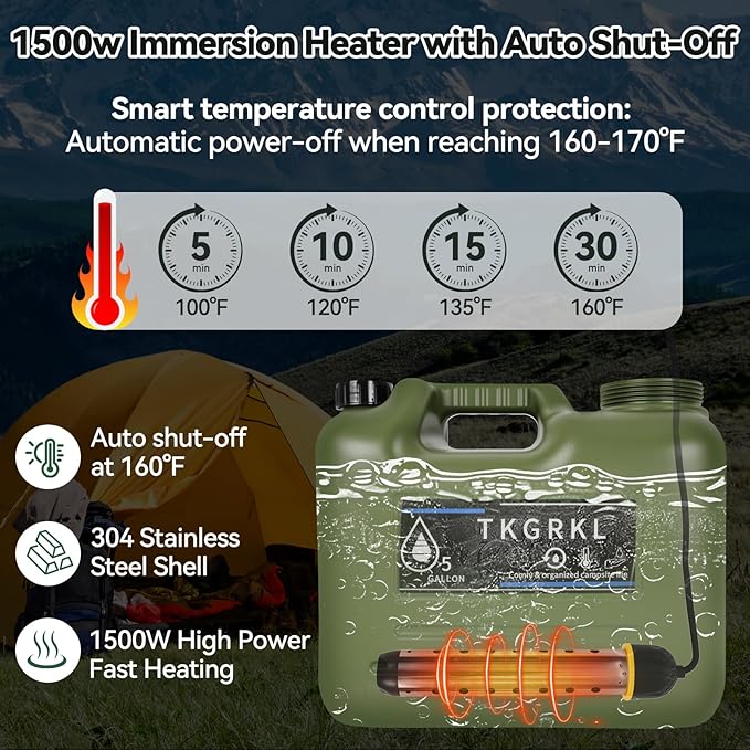 Camping Shower with Heater and 5-Gallon Water Jug, 6000mAh Rechargeable Portable Shower, 1500w Immersion Heater with Auto Shut-Off, Rinse Kit Portable Shower with USB Solar Charging Panel For Camping