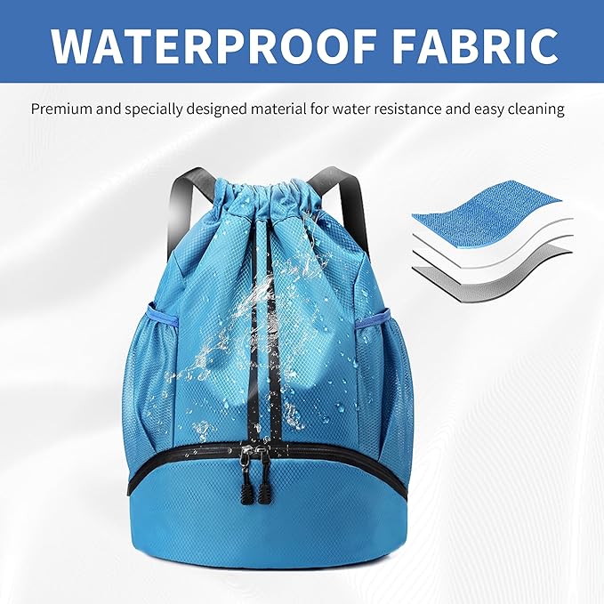 JELUTAR Drawstring Backpack Gym Bag with Shoes Compartment for Soccer, Basketball, Swim, Water-Resistant String Backpack Beach Cinch for Women Men, Sky Blue
