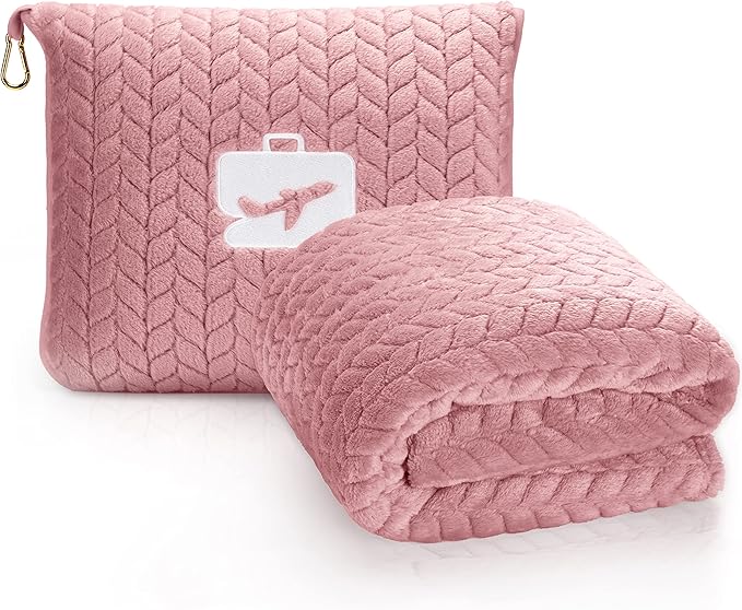 EverSnug Travel Blanket & Pillow 68x42 - Premium Ultra-Soft Microfleece 2 in 1 Compact & Packable Flight Blanket with Soft Bag Pillowcase, Hand Luggage Sleeve and Backpack Clip (Light Pink)