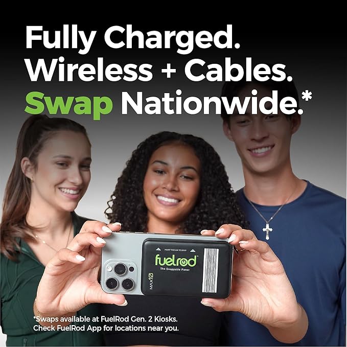 FuelRod MAX10 – High Capacity Portable Charger, Swappable Power, Wireless Charging, USB-C, 10,000mAh
