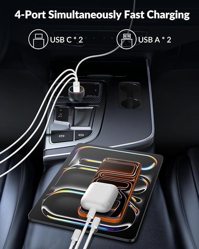 Car Charger USB C, 4-Port 90W Super Fast Charging Car Phone Charger Accessories Dual USB-C & USB-A Cargador Carro Cigarette Lighter Adapter for iPhone 17 16 15 14 13 12, iPad, Galaxy, Tablet, Android