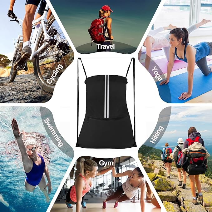 Drawstring Backpack Sports Gym Bag, Draw String Back Bag for Men Women, Lightweight Sackpack with Zipper Pocket, Durable Large Two Tone Black