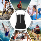 Drawstring Backpack Sports Gym Bag, Draw String Back Bag for Men Women, Lightweight Sackpack with Zipper Pocket, Durable Large Two Tone Black
