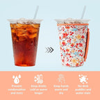 KJQJLY 3 Pack Reusable Iced Coffee Sleeves for Iced Coffee Cups or Drinks Reusable Neoprene Insulated Sleeves for Hot and Cold Drinks from Starbucks, Dunkin, And More (Light orange floral)