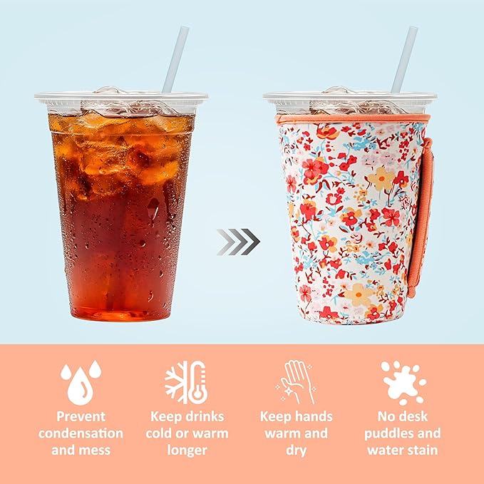 KJQJLY 3 Pack Reusable Iced Coffee Sleeves for Iced Coffee Cups or Drinks Reusable Neoprene Insulated Sleeves for Hot and Cold Drinks from Starbucks, Dunkin, And More (Light orange floral)