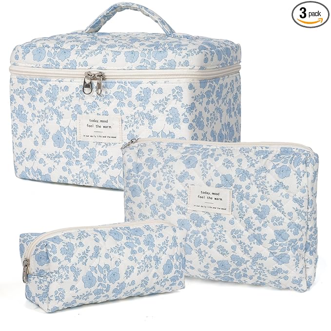 Makeup Bag,Quilted Cosmetic Bag,Large Floral Make Up Bag for Women,Cotton Makeup Bag Set,Flower Travel Toiletry Bag