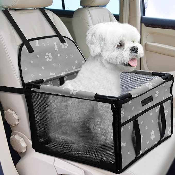 Dog Car Seat Foldable Dog Car Booster Seat Waterproof Breathable Oxford Travel Bag for Small to Medium Dogs, Puppies, and Pets-Pattern Grey-Upgrade