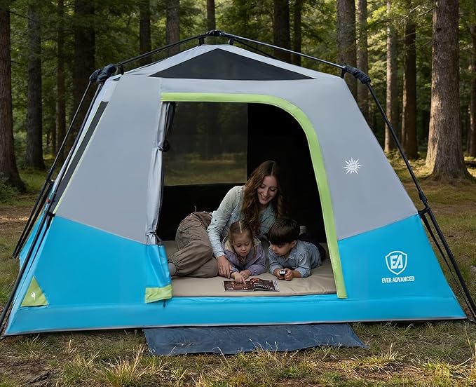 EVER ADVANCED 4 Person Blackout Camping Tent, 60s Easy Setup Instant Cabin Tent for Family, 4000mm Water-Resistant & UV Protection Light-Blocking Tent with Rainfly for Outdoor Travel, 8' x 7' x 59"