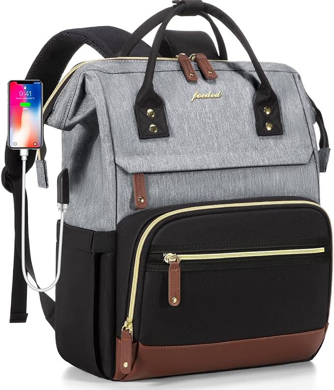Focdod Laptop Backpack for Women Bag 15.6 Inch Work Business Backpacks Purse with USB Port Large Capacity Nurse Bag Backbag, Casual Daypack for Travel, Black-Grey-Brown