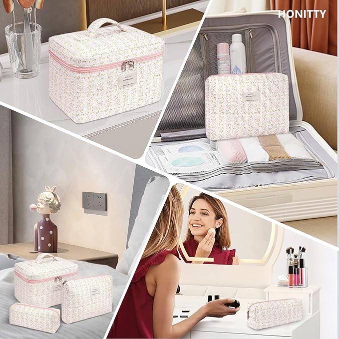 honitty Makeup Bag,Quilted Cosmetic Bags,Large Floral Make Up Organize bag,Makeup Bag Set for Women,Flower Travel Toiletry Bag